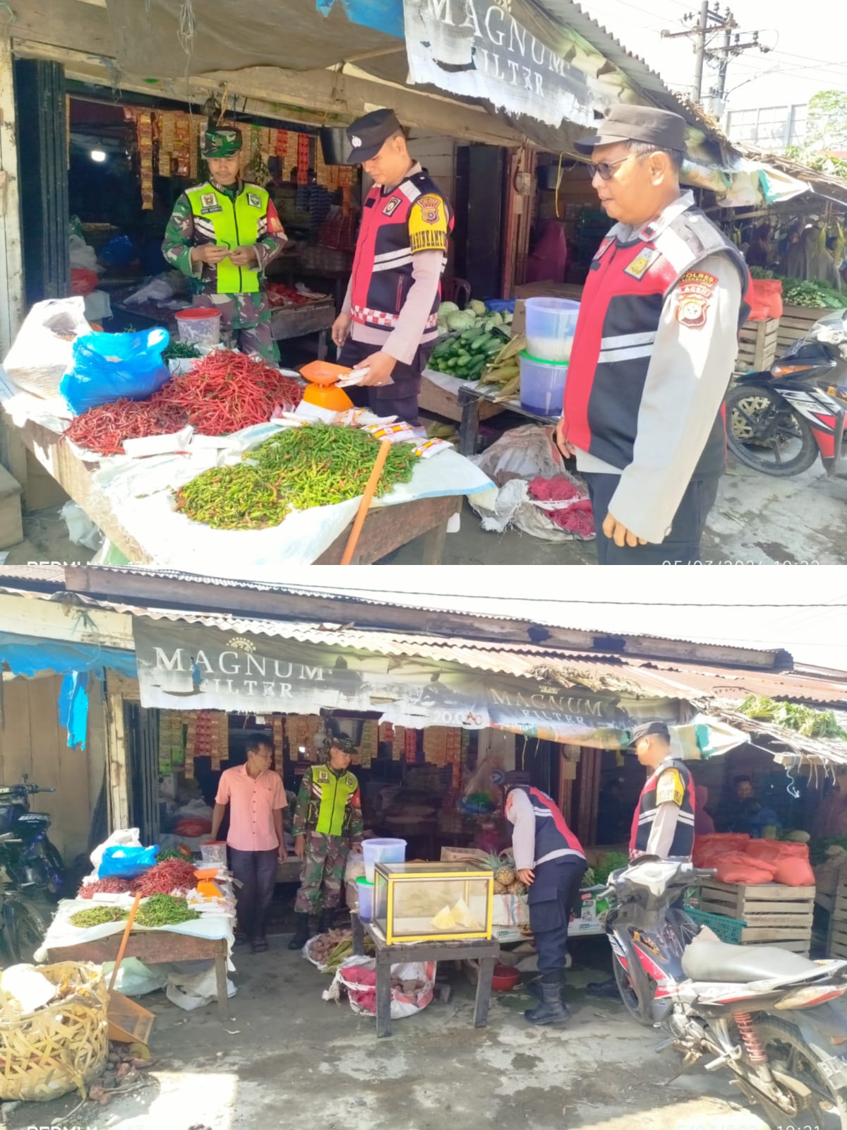 Babinsa Koramil 08/Arongan Lambalek Bersama Bhabinkamtibmas Pantau Harga Sembako di Pasar Teupin Peuraho