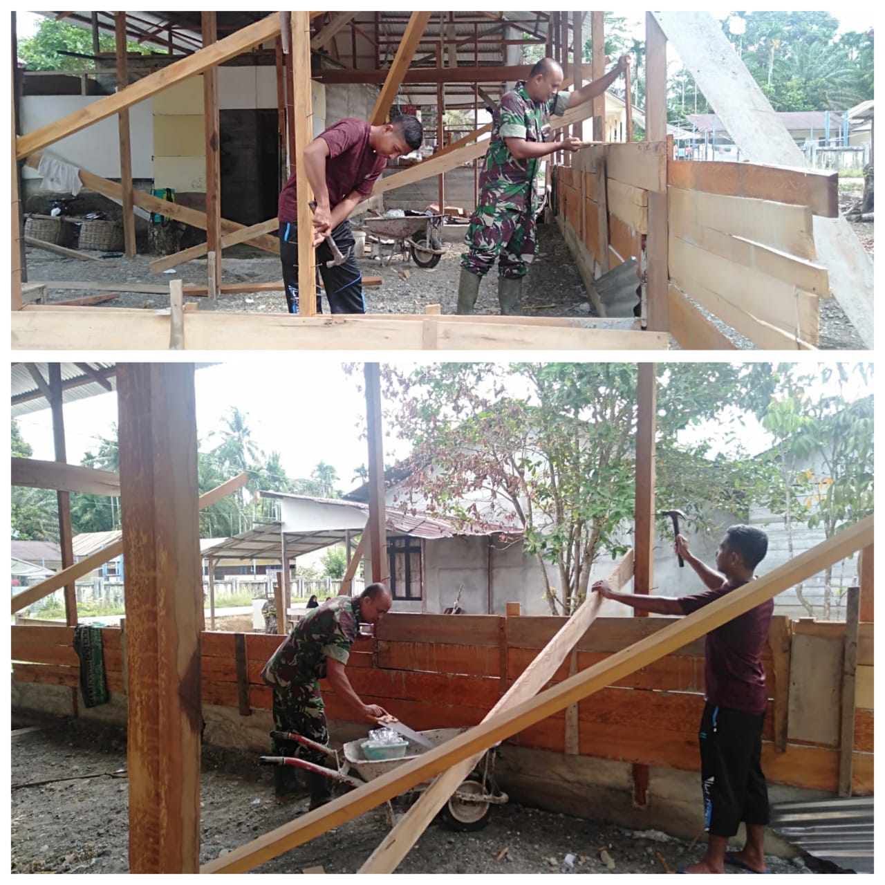 ‎Babinsa Woyla Barat Turun Tangan, Sertu Robet Bantu Warga Bangun Rumah di Pasi Mali
