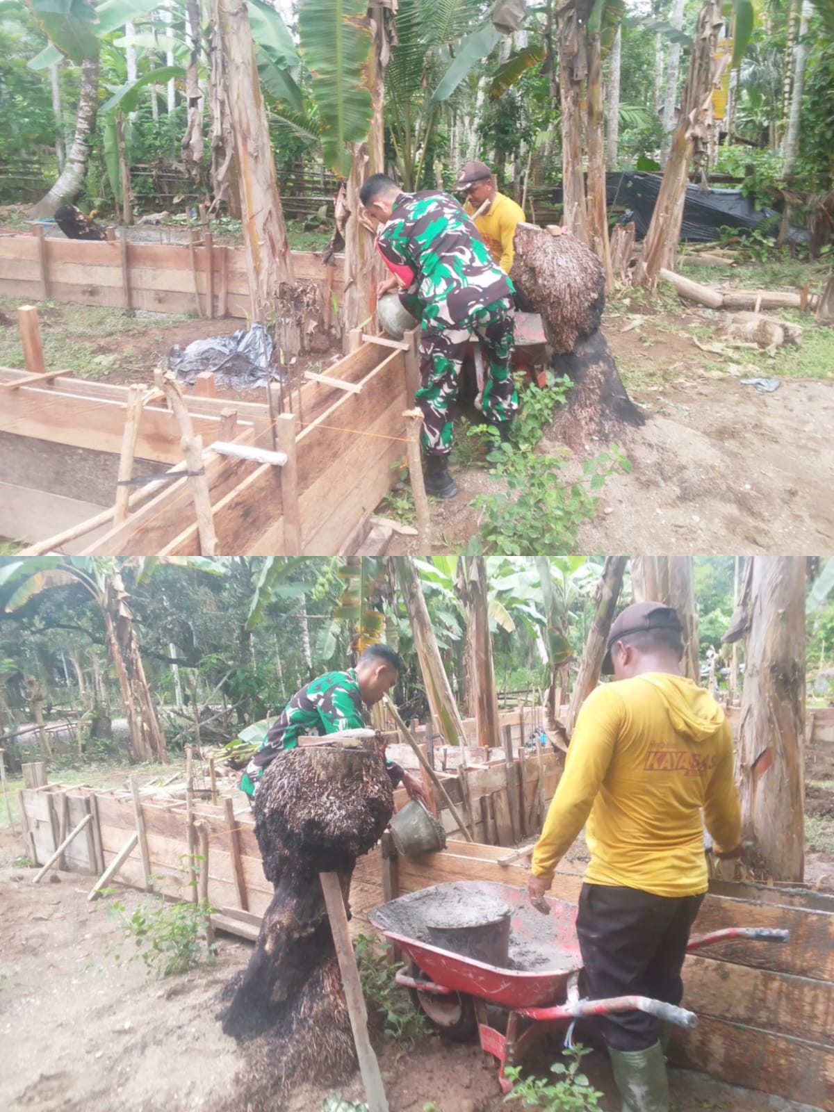 Babinsa Koramil 08/Arongan Lambalek Bantu Warga Cor Dinding Rumah di Desa