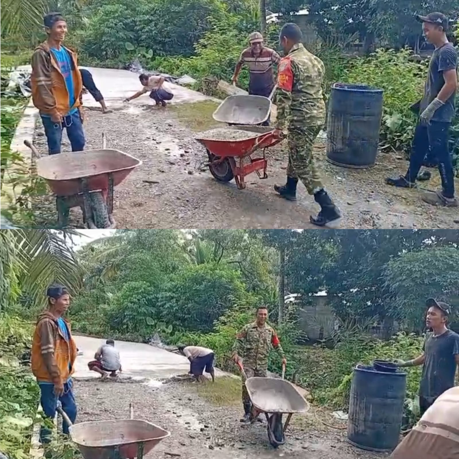 Wujud Kepedulian TNI, Babinsa Posramil 05/Pante Ceureumen Turun Bantu Warga Cor Jalan