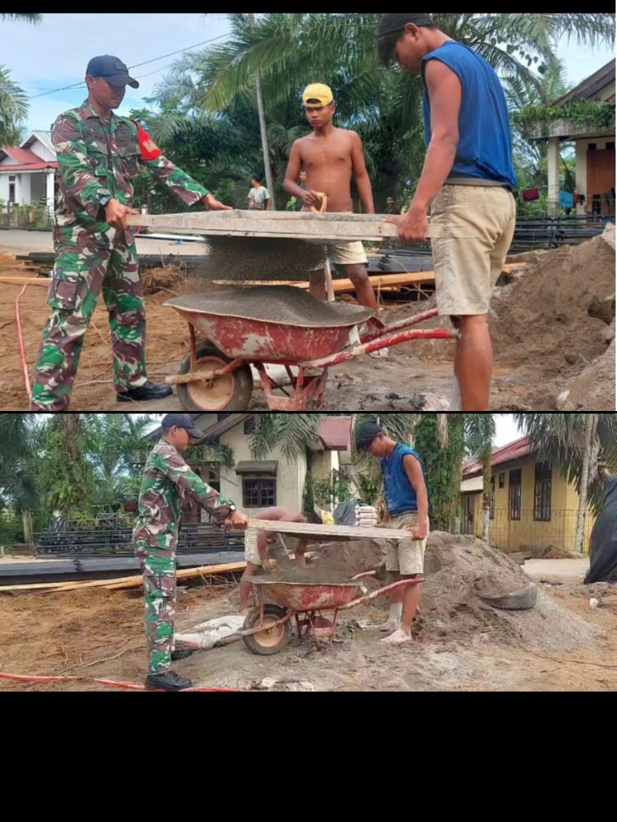 Babinsa Koramil 08/Arongan Lambalek Bantu Warga Ayak Pasir Percepat Pembangunan Rumah di Desa Suak Kemudai