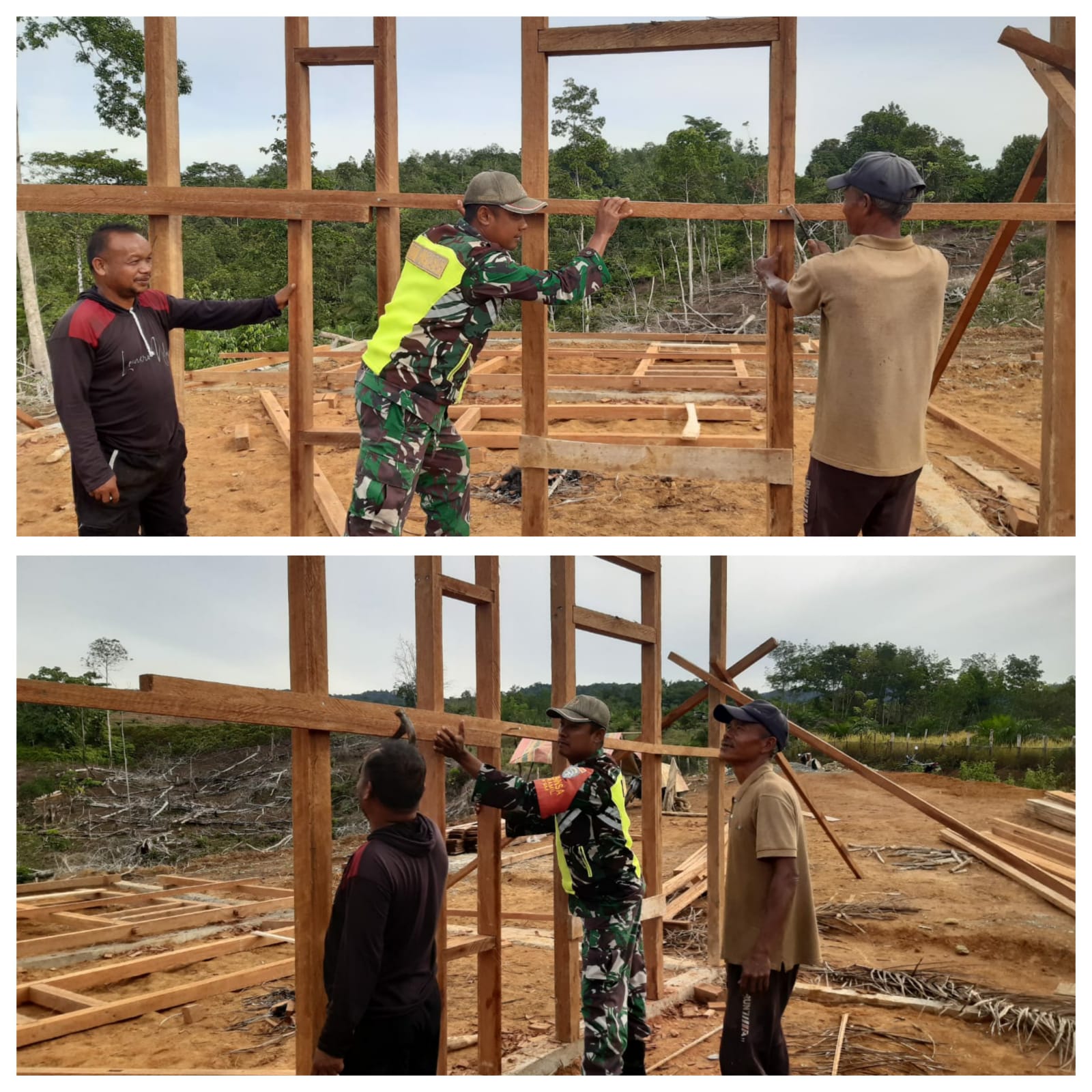 Peduli dan Tanggap, Babinsa Koramil 01/SM Serda Yulianto Bantu Warga Bangun Rumah di Desa Binaan