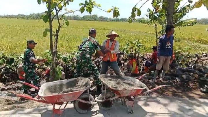 Salut! Babinsa Guworejo Ikut Angkat Batu Demi Talud Irigasi Warga Desa Puro