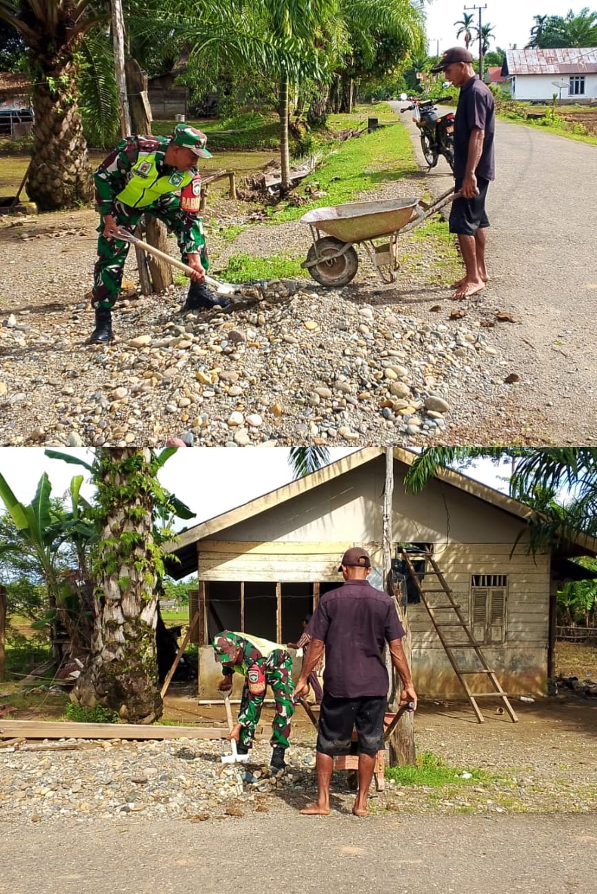 Benturan Sekop dan Kerikil Menambah Semangat, Serda Ilham Bantu Warga Bangun Rumah