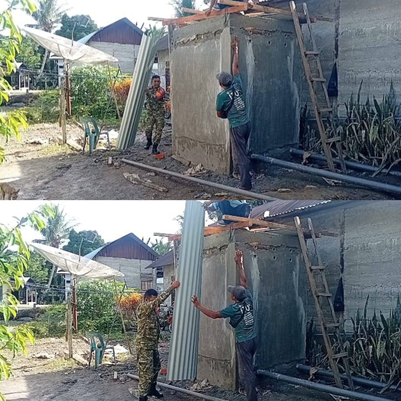 Wujud Kedekatan Babinsa Posramil 05/Pante Ceureumen dengan Warga, Bantu Pasang Atap Seng Rumah