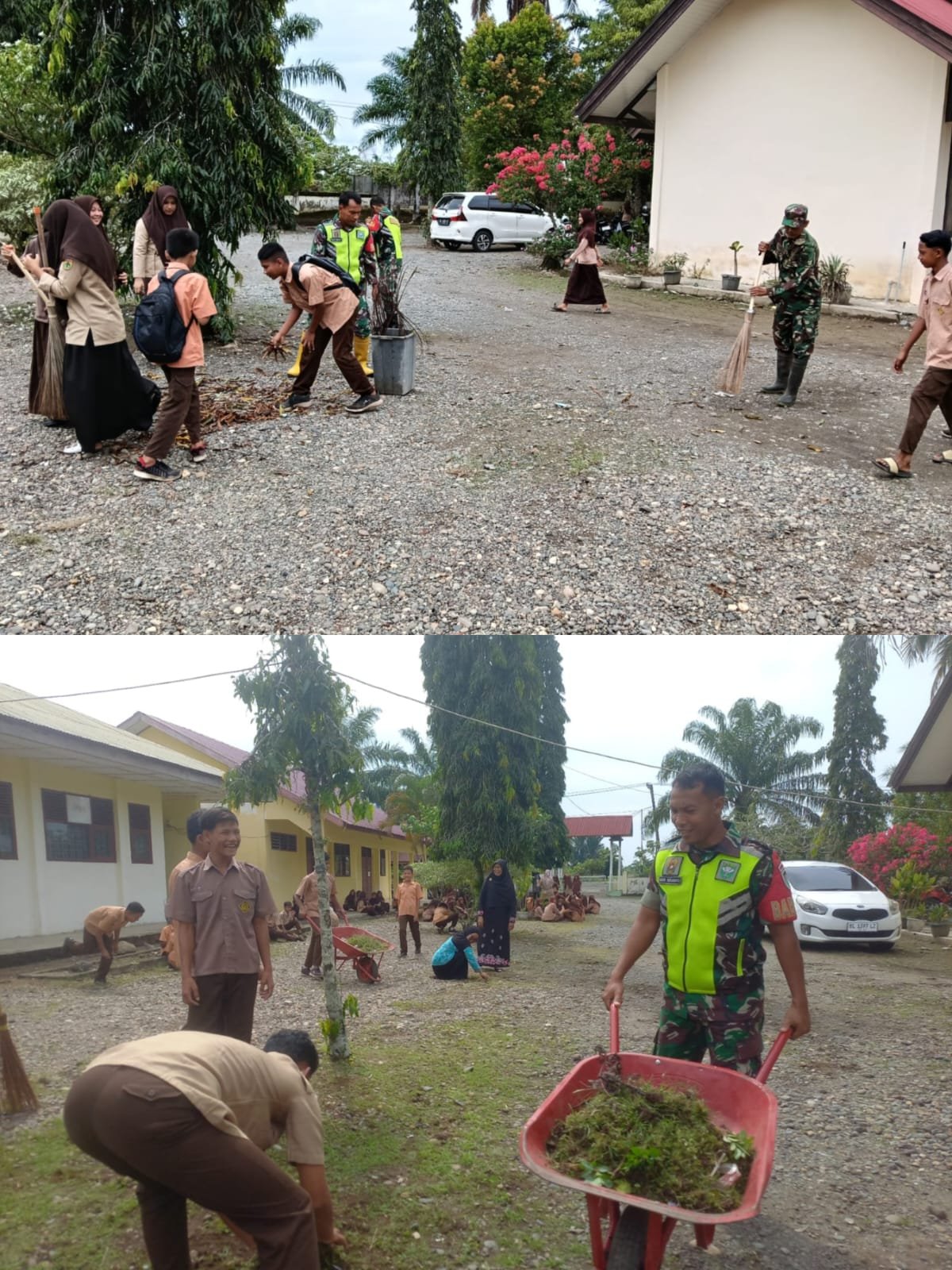 Anggota Koramil 08/Arongan Lambalek Bersama Siswa Gotong Royong Bersihkan Lingkungan SMPN di Desa Drien Rampak