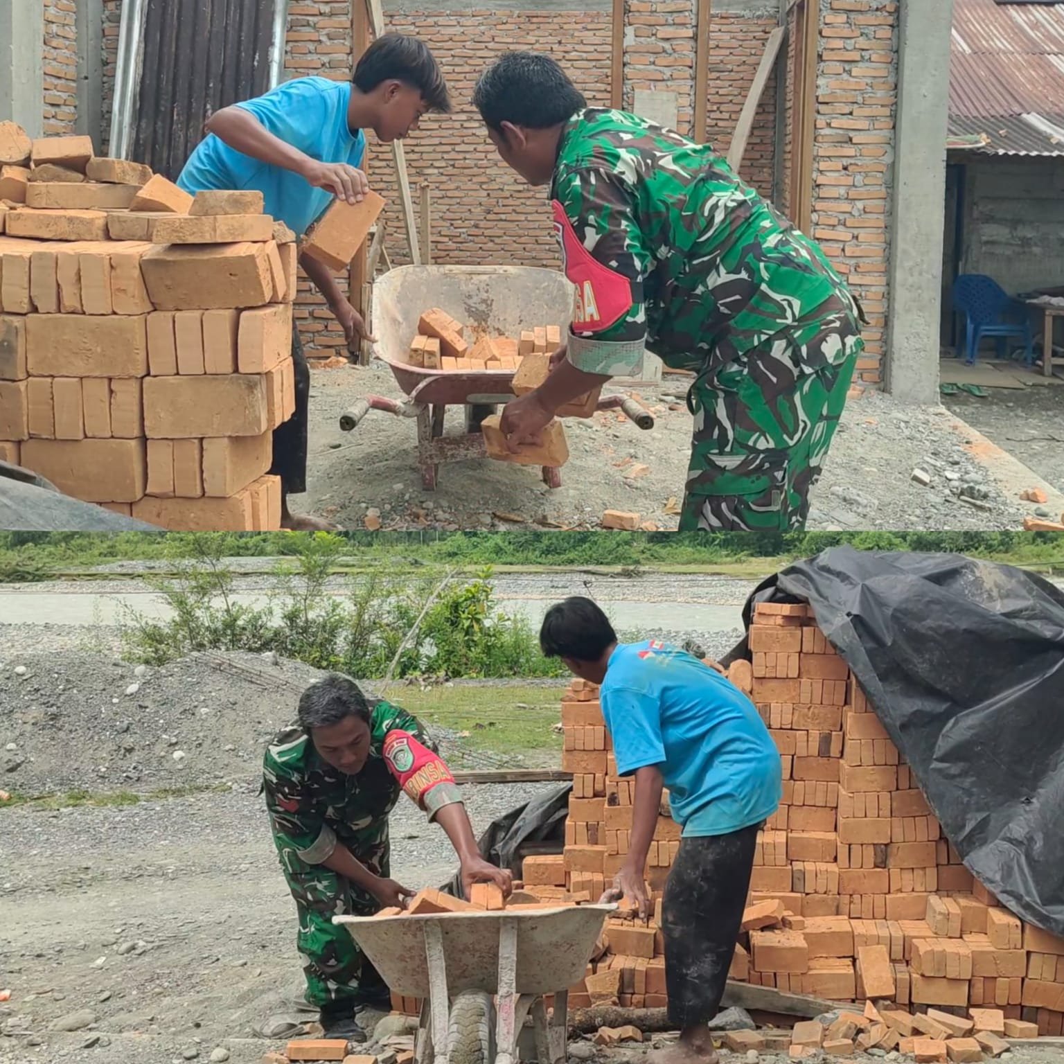 Babinsa Posramil 05/Pante Ceureumen Terus Bantu Warga Angkut Material Batu Bata, Wujud Kepedulian dan Kemanunggalan TNI dengan Rakyat