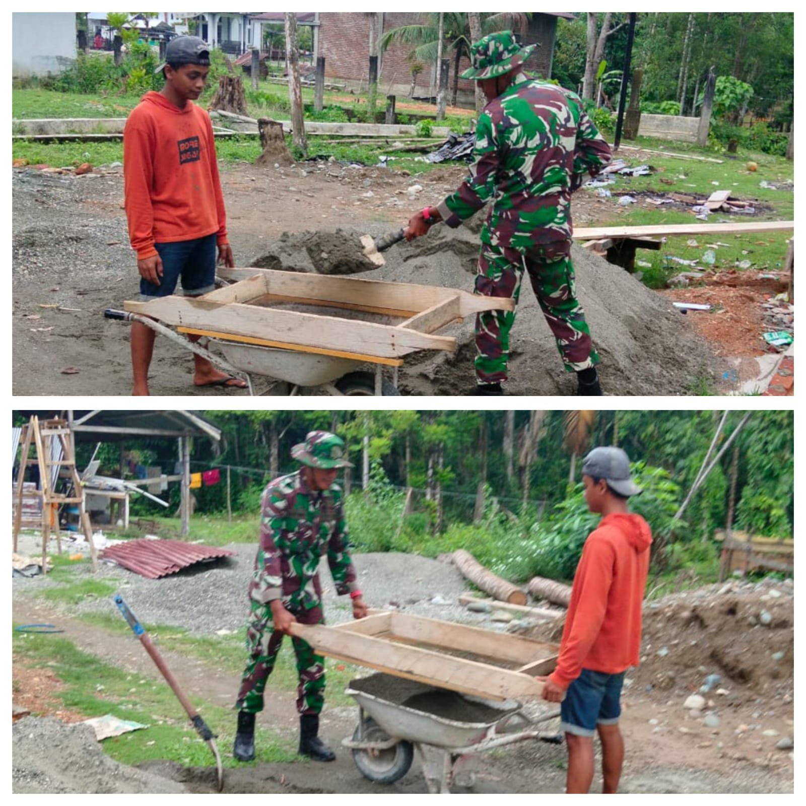 Peduli dengan Masyarakat, Serda M Irwandi Turun Langsung Bantu Ayak Pasir di Desa Kajeung,wujud kepedulian dan kemanunggalan TNI dengan rakyat
