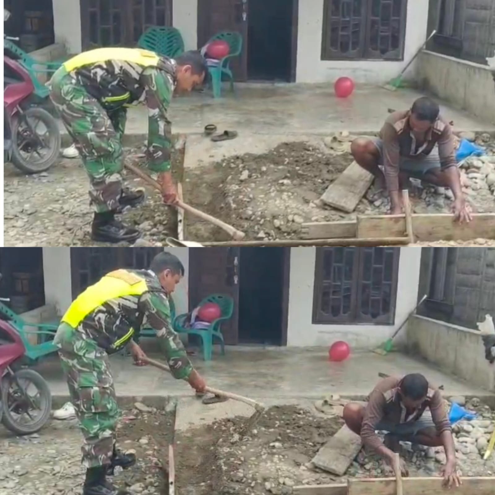 Ringankan Beban Warga, Babinsa Posramil 05/Pante Ceureumen Turun Langsung Bantu Pembuatan Pondasi Rumah